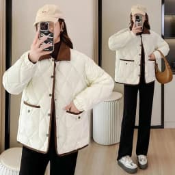Autumn Winter Overcoat PU Leather Cotton-padded Jacket Women's Rhombic Lattice Short Coats Female Warm Outerwear No-wash Parkas