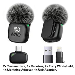 Wireless Lavalier Microphone, Mini Mic, Wind Cover, Type-C With Lightning & USB Adapter, for Phones, Tablets, Laptops, Computers