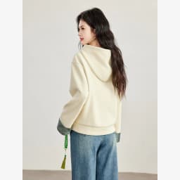VIMLY New Chinese Style Hooded Sweatshirt Fall Winter Color Contrast Frog Button Fleece Lined Thickened Pullover Ladies A7683