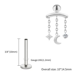 Right Grand ASTM F136 Titanium Hidden Helix Chain Earring 16G Dainty Star Moon CZ Dangle Cartilage Stud Piercing Jewelry