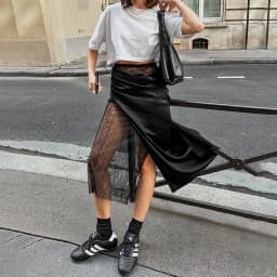 Linad Sexy Black Patchwork See Through Long Skirts Lady Street Chic High Waist Straight Skirts Summer Elegant Satin Split Skirt