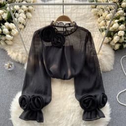 Sexy Puff Sleeve Long Sleeve O-Neck 3D Floral Pleated Blouse Slim Elegant Fashion Basic Chic Spring Summer Women Chiffon Shirt