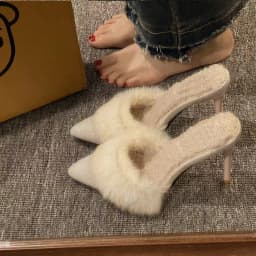 High Heel Fur Mule Slides Woman Elegant Pointed Toe Furry Slippers Ladies Luxury Plush Evening Party Pump Shoes