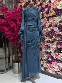 LGRQ 2026 New Spring And Autumn Round Neck Pleated Fold Floor Length Party Dress Lantern Sleeves High Waist Vestido