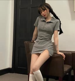 Collar Short Sleeve Slimming Sexy Korean Style High Waist A-Line Dress with Slit for Young Women Summer Fashion
