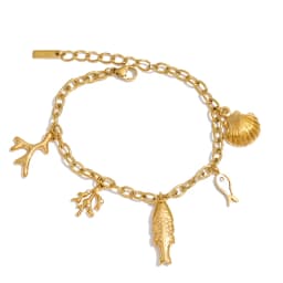 Yhpup Ocean Style Stainless Steel Chain Fish Shell Drop Bracelet Bangle 16K Golden PVD Plated Waterproof Summer Trendy Jewelry