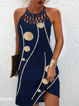 2026 New Spring and Summer National Wind Positioning Printing Mesh Belt Sleeveless Casual Dress