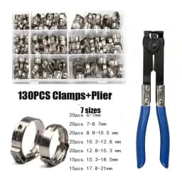 304 Stainless Steel Single Ear Stepless Hose Clamps Assortment Kit Water Pipe Sealing Clips with 1PC Professional Clamp Pliers