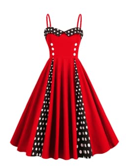 Tonval Sweetheart Neck Spaghetti Strap Double Breasted Long Dress 50s Pinup Vintage Polka Dot Women Party Sexy Dresses