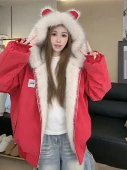 Korean Sweet Plush Rabbit Ear Decor Hooded Coat Women Vintage Aesthetic Loose Outwear Winter Casual Warm Long Sleeve Jacket New