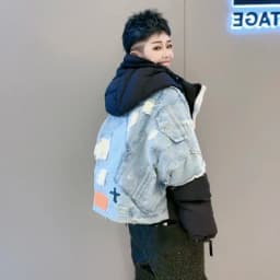 Women Thickened White Duck Down Jacket Trendy Denim Splicing Down Jacket Short Section Hooded Color Collision Parker Jacket Coat