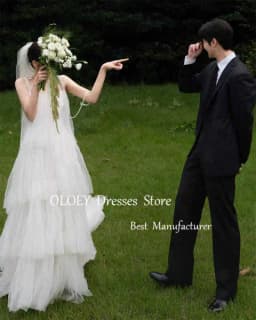 OLOEY Soft Layered Tulle Floor Length Wedding Dresses Korea Photoshoot Spaghetti Straps Bridal Gown Vestido De Noiva 2025