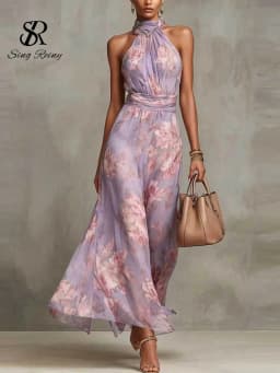 SINGREINY Elegant Green Floral Halter Chiffon Maxi Dresses Trendy Sleeveless A-line 2026 Women Floral Wedding Guest Party Dress