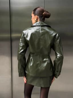Solid PU Leather Women's Jacket Mini Skirt Set Lapel Neck Full Sleeve Double Breasted Coat Suit 2025 Autumn Stylish Edgy Outfit