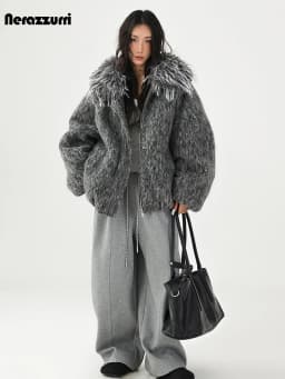 Nerazzur Autumn Winter Warm Thick Grey Oversized Quilted Blends Coat for Women with Faux Fur Trim Hood Loose Casual Woolen Coat