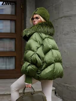 Warm Fur Collar Cotton Coats Women's Green Lapel Zipper Full Sleeve Padded Jacket Overcoat 2026 Winter New Lady Loose Streetwear