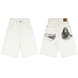 Masked Goddess Embroidered Flowered Jens Shorts for Men and Women High Street Washed Baggy Casual Five Point Denim Pants