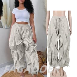 FAGADOER Casual Ruched Patchwork Lantern Sleeve Pants Women High Waist Drawstring Patchwork Pants Female Streetwear Trousers New