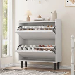 Shoe Cabinet with 2 Flip-Down Doors & Adjustable Shelf - Narrow Wooden Organizer for Entryway, Hallway Closet