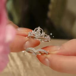 2Pcs Crown Rings Women Open Adjustable Crystal Couple Paired Ring Engagement Wedding Anniversary Jewelry Fashion Girlfriend Gift