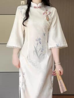 New 2026 Spring Matcha Tofu Improved New Chinese Style Flower Sleeve Long Skirt Elegant Long Qipao for Young Girls