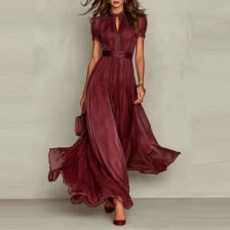 Elegant Chiffon Lace Trim Midi Dress Stand Collar Neck Puff Sleeve Cinched Waist Draped A Line Flowy Women's Casual Dresses