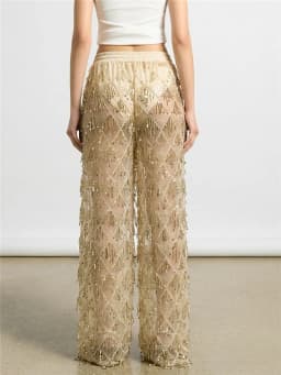 Glitter Sequin Fringe Mesh See Through Wide Leg Pants Elastic Waist Drawstring Sheer Palazzo Trousers Beach Party Club Cover Up