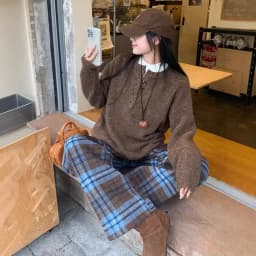Blue Plaid Thickened Woolen Casual Pants Straight Leg Wide Leg Floor Length Trousers Autumn Winter New Style Trendy Women's Long