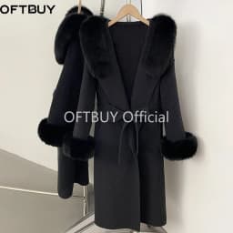 OFTBUY New Winter Warm Hood Solid Woolen Overcoat for Women Long Wool Blend Coat Women Real Fox Fur Belted Waist Jacket Female