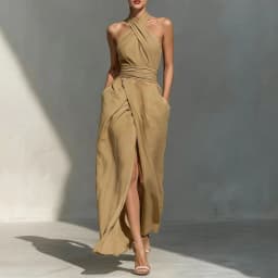 Chic Solid Front Split Boho Long Dress Woman Spring Sexy Off Shoulder Halter Party Dress Summer Sleeveless High Waist Maxi Dress