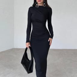 Women Elegant Solid Black Bodycon Maxi Dress Long Sleeve Lady O-neck Evening Party Vestidos Robe