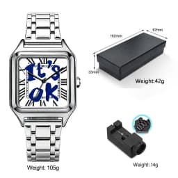 Ladies' Men Square Luxury Watch, Slogan Text on the Large Dial, 30-Meter Water Resistance, Elegant Design, Stainless Steel Strap