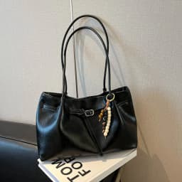 Vintage Brown Leather Tote Bag with Beaded Bag Charm Buckle Detail Large Capacity Shoulder Purse for Work Commuter Daily Use