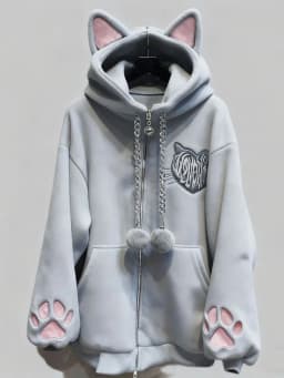 Fleece Lined Autumn Winter Ear Hooded Claw Long Sleeve Jacket Cute Home Black Punk Rock Style Women's Sweatshirt
