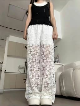 Lace Hollow out Splice Knot Wide Leg Pants Women's Spring Autumn New White Pants Straight Loose Casual Pants