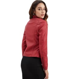 Women's Red PU Jacket, Vertical Collar Zipper Motorcycle Leather Coats, Fashion Casual Coat Female Outerwear, Black Purple Top.