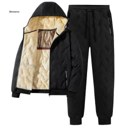 Quilted Thick Fleece Lined Men Winter Two Piece Suit Hooded Zip Outerwear And Jogger Pants With Functional Zipper Pockets