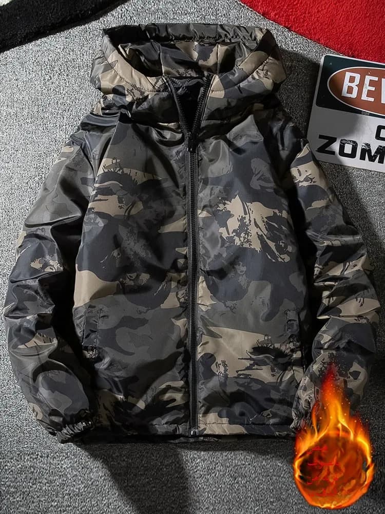 Camouflage Winter Cotton Jacket Thin Men's Wear Resistant Stainproof Warmth Youth Casual Long Sleeve Zipper Hooded Coat