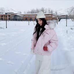 Korean Striped Bow Pattern Cropped Padded Jacket for Women Winter Hooded Coat with Faux Fur Collar Woman Sweet Thick Warm Parkas