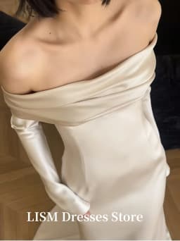 LISM Simple Mermaid Korea Wedding Dresses One Line Collar Soft Satin Off Shoulder Long Sleeves Elegant Evening Gowns Customized