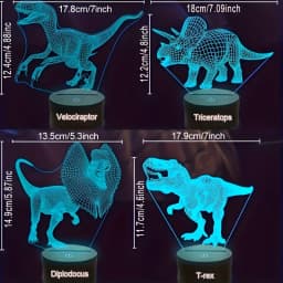 4pcs T-rex Dinosaur 3D Night Light (4 Patterns) With 1 Base, Remote Control & 16 Colors Changing & Dimmable Function & Gift Wrap