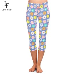 LETSFIND Summer Hand Drawn Floral Print  High Waist Women Capri Legging New Fitness Sexy Stretch Slim Mid-Calf 3/4 Leggings