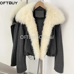 OFTBUY 90 White Duck Down Jacket Knit Sleeve Zipper Pockets Drawstring Short Coat Women Winter Real Curly Lamb Wool Fur Collar