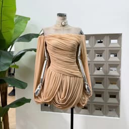 IEQJ Summer Irregular Blue Slash Neck Pleats Dress Women Long Sleeve Tight Waist Mini Dresses New 3A2052