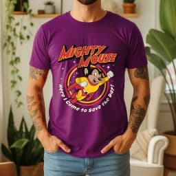 2026 Summer Mens Mighty Mouse Graphic Oversize Tee 100% Cotton Classic Cartoon Short Sleeve