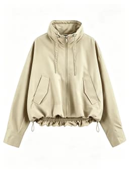 Guobioziy 2026 Autumn Women's Short Thick Jacket Stand Collar with Drawstring Hem Zipper Long Sleeve Loose Casual Pocket Coat