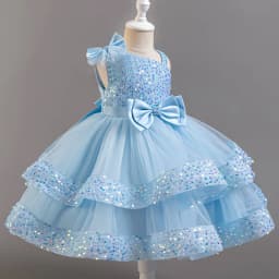 Girl's New Sequined Bow Irregular Collar Mesh Princess Dress Christmas Birthday Party Sweet and Cute Evening Dress