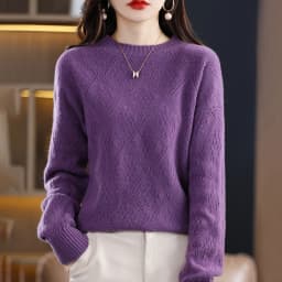 Autumn Winter 100% Merino Wool Women's Round neck Sweater Casual Diamond Hollow Knitwear Pullover New Embroidered Sweater Tops