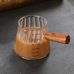 JUSTINLAU Espresso Measuring Cup with Wood Handle Vertical Grain Glass Coffee Extraction Cup with Scale Milk Jug Measure Mug
