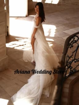 Customized Bohemia Dot Tulle Wedding Dress Off Shoulder Sweetheart Neck A-Line Bridal Gown Sweep Train Side Slit Dress 2025